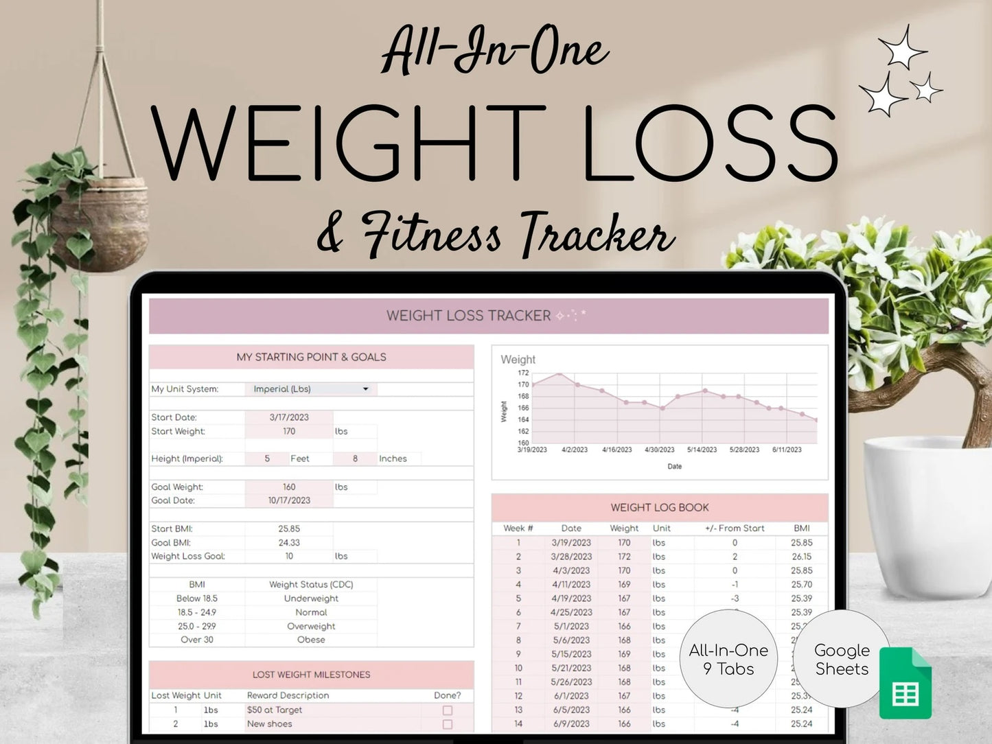 Weight Loss & Fitness Tracker | Google Sheets | Digital Workout Planner